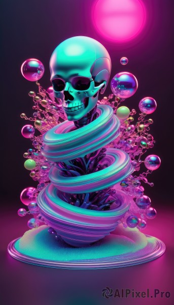 solo,smile,simple background,1boy,closed eyes,male focus,teeth,artist name,water,grin,gradient,gradient background,no humans,watermark,bubble,purple background,skull,skeleton,bone,pink background,plant