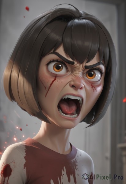 1girl,solo,looking at viewer,short hair,open mouth,bangs,brown hair,shirt,brown eyes,upper body,teeth,tongue,shiny,artist name,indoors,blurry,lips,v-shaped eyebrows,blood,blurry background,fangs,bob cut,thick eyebrows,t-shirt,red shirt,portrait,angry,freckles,blood on face,realistic,nose,blood on clothes,raglan sleeves,shouting,blood splatter,breasts,black hair,white shirt,eyelashes,close-up,injury