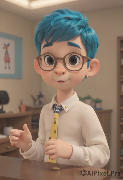 1girl,solo,looking at viewer,smile,short hair,shirt,long sleeves,1boy,brown eyes,jewelry,blue hair,white shirt,upper body,male focus,earrings,necktie,glasses,striped,indoors,blurry,black eyes,blurry background,chair,piercing,child,desk,personification,freckles,male child,striped necktie,yellow necktie,blue eyes,thick eyebrows