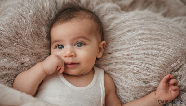 1girl,solo,looking at viewer,brown hair,shirt,1boy,upper body,male focus,lying,parted lips,sleeveless,on back,black eyes,lips,pillow,grey eyes,bed,tank top,child,realistic,female child,male child,brown eyes,bed sheet,aged down,white tank top