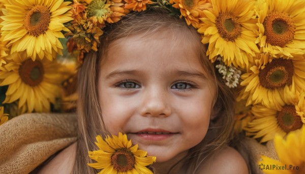 1girl,solo,long hair,looking at viewer,smile,brown hair,hair ornament,flower,hair flower,blurry,lips,grey eyes,portrait,close-up,realistic,yellow flower,sunflower,head wreath,blue eyes,brown eyes,parted lips,teeth,eyelashes