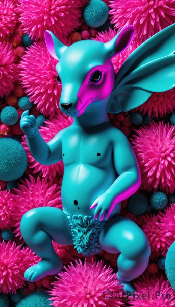 solo,looking at viewer,smile,1boy,navel,animal ears,closed mouth,nipples,full body,flower,male focus,horns,hand up,spread legs,furry,furry male,wings,artist name,black eyes,no humans,colored skin,watermark,pink background,web address,topless male,blue skin,fireworks