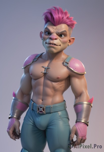 solo,looking at viewer,smile,short hair,simple background,gloves,1boy,navel,brown eyes,jewelry,nipples,pink hair,male focus,cowboy shot,earrings,teeth,pointy ears,belt,pants,fingerless gloves,armor,muscular,scar,piercing,abs,thick eyebrows,pectorals,denim,muscular male,shoulder armor,gauntlets,bara,furry,large pectorals,bulge,pauldrons,topless male,jeans,undercut,shoulder pads,biceps,mohawk,fangs,claws,scar on face,furry male