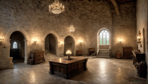 HQ,day,indoors,book,no humans,window,chair,table,sunlight,scenery,wooden floor,stairs,door,tiles,light,lamp,candle,tile floor,church,candlestand,chandelier,fireplace,wall,brick wall,rug,cabinet,brick floor