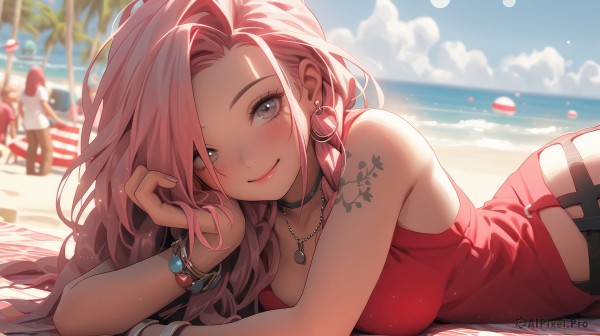 1girl,long hair,breasts,looking at viewer,blush,smile,bangs,multiple girls,large breasts,shirt,2girls,cleavage,bare shoulders,jewelry,medium breasts,closed mouth,swimsuit,pink hair,earrings,outdoors,lying,sky,shorts,sleeveless,solo focus,choker,day,belt,pants,cloud,hand up,3girls,water,necklace,nail polish,blurry,bracelet,tree,blue sky,lips,fingernails,parted bangs,grey eyes,bare arms,eyelashes,sleeveless shirt,tattoo,makeup,depth of field,blurry background,ocean,umbrella,black choker,on side,beach,black pants,sunlight,tank top,on stomach,lipstick,towel,red shirt,lens flare,beads,head rest,hoop earrings,pink lips,glint,sand,palm tree,hand on own cheek,red lips,bangle,arm tattoo,shoulder tattoo,bead bracelet,beach umbrella,bokeh,heart tattoo,beach towel,1boy,heart,red hair,black eyes,arm support,black shorts,cloudy sky,light particles,ball,horizon,beachball