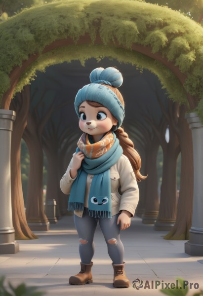 1girl,solo,long hair,smile,brown hair,long sleeves,hat,brown eyes,closed mouth,standing,jacket,full body,ponytail,boots,outdoors,pants,artist name,scarf,blurry,tree,coat,torn clothes,brown footwear,denim,child,nature,furry,blue headwear,forest,jeans,furry female,beanie,winter clothes,female child,blue scarf,torn pants,pavement,torn jeans,night,single hair bun