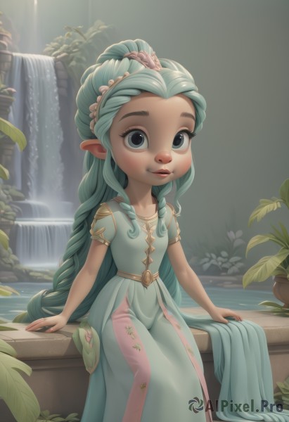 1girl,solo,long hair,looking at viewer,smile,blue eyes,hair ornament,dress,sitting,very long hair,braid,short sleeves,hairband,green hair,pointy ears,water,flat chest,lips,aqua hair,blue dress,plant,child,forehead,female child,waterfall,artist name,leaf,watermark,aged down,long dress,aqua dress