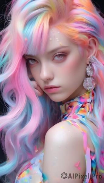 1girl,solo,long hair,looking at viewer,bangs,simple background,bare shoulders,brown eyes,jewelry,closed mouth,blue hair,upper body,pink hair,multicolored hair,earrings,sleeveless,hand up,pink eyes,from side,lips,eyelashes,makeup,black background,portrait,hand on own face,eyeshadow,freckles,realistic,nose,colorful,mascara,rainbow hair,blush,orange hair,petals,gradient hair,wavy hair,pink lips,hand on own cheek,pearl (gemstone)