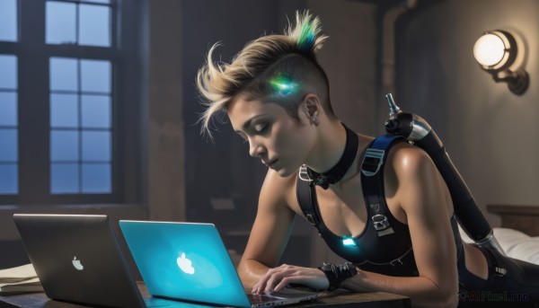 A cyborg showcased in a vivid window