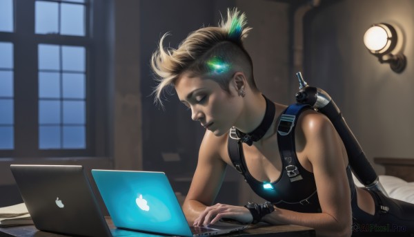 1girl,solo,breasts,short hair,blonde hair,brown hair,hair ornament,cleavage,jewelry,medium breasts,closed eyes,earrings,small breasts,choker,indoors,dark skin,dark-skinned female,lips,window,bed,glowing,piercing,tank top,ear piercing,science fiction,realistic,nose,computer,earphones,cyborg,laptop,cyberpunk,lying,collar,on bed,on stomach,freckles,lamp,undercut,eyebrow piercing