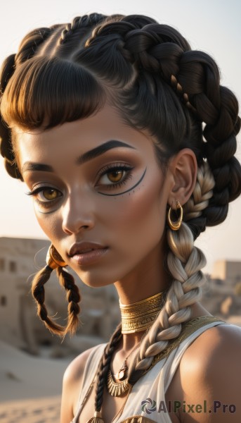 1girl,solo,long hair,breasts,looking at viewer,brown hair,black hair,bare shoulders,brown eyes,jewelry,upper body,braid,multicolored hair,earrings,parted lips,choker,artist name,dark skin,necklace,blurry,twin braids,two-tone hair,dark-skinned female,lips,streaked hair,eyelashes,makeup,blurry background,thick eyebrows,portrait,eyeshadow,freckles,hoop earrings,realistic,nose,animification,neck ring,very dark skin,dreadlocks,multiple braids,gold choker,outdoors,day,facial mark,piercing,sunlight,ear piercing,forehead,hair rings,gold,mascara,desert