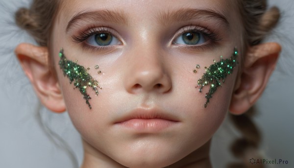 1girl,solo,looking at viewer,blue eyes,blonde hair,brown hair,brown eyes,closed mouth,braid,pointy ears,blurry,lips,eyelashes,depth of field,elf,portrait,close-up,realistic,nose,eye focus,green eyes,lying,expressionless,science fiction