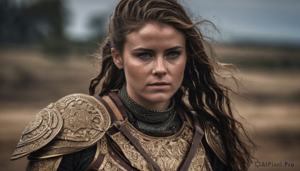 1girl,solo,long hair,looking at viewer,brown hair,brown eyes,closed mouth,upper body,outdoors,day,armor,blurry,lips,grey eyes,blurry background,wavy hair,shoulder armor,messy hair,portrait,freckles,pauldrons,breastplate,realistic,chainmail,floating hair,serious,sand,desert