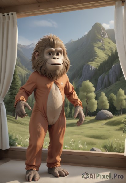 solo,smile,1boy,brown eyes,closed mouth,standing,full body,flower,male focus,outdoors,sky,barefoot,day,cloud,indoors,tree,blue sky,no humans,window,grass,curtains,nature,claws,furry,rock,mountain,furry male,monkey,looking at viewer,open mouth,animal,watermark,web address,bush,brown fur