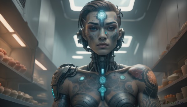 A cyborg set against the backdrop of a serene dynamic scene