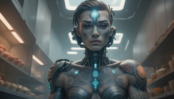 1girl,solo,breasts,looking at viewer,short hair,blue eyes,brown hair,black hair,medium breasts,upper body,nude,food,indoors,dark skin,dark-skinned female,lips,tattoo,makeup,headgear,science fiction,nose,android,mechanical arms,forehead jewel,cyborg,robot joints,very dark skin,cyberpunk,mechanical parts,full-body tattoo,collarbone,small breasts,glowing,lipstick,glowing eyes,forehead,eyeshadow,backlighting,realistic,eyeliner,very short hair,undercut,hair pulled back,mascara