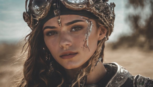 1girl,solo,long hair,looking at viewer,brown hair,brown eyes,jewelry,outdoors,parted lips,armor,blurry,lips,depth of field,blurry background,helmet,portrait,freckles,realistic,earrings,sky,day,eyelashes,scar,thick eyebrows,goggles,wind,close-up,goggles on head,nose,dirty,goggles on headwear,desert,dirty face