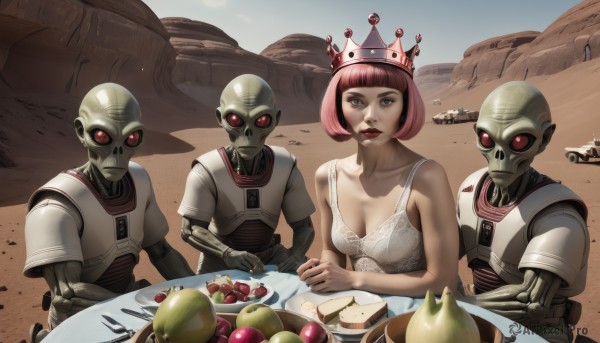 1girl,breasts,looking at viewer,short hair,bangs,blue eyes,red eyes,cleavage,medium breasts,sitting,underwear,collarbone,pink hair,outdoors,food,multiple boys,day,2boys,blunt bangs,bra,armor,lips,makeup,fruit,table,bob cut,lingerie,3boys,crown,robot,lipstick,plate,white bra,science fiction,cake,realistic,sand,apple,red lips,multiple others,skeleton,alien,desert,dress,sky,sleeveless,artist name,signature,white dress,colored skin,parody,knife,serious,rock,nose,fork,antennae,logo,bald,green skin,grapes,pink skin,power armor