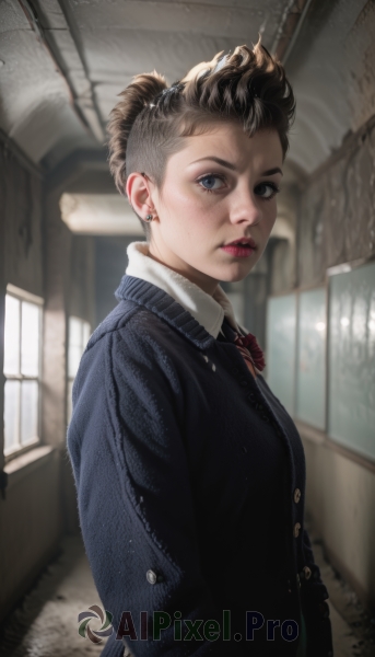 1girl,solo,looking at viewer,short hair,blue eyes,brown hair,shirt,black hair,bow,jewelry,school uniform,jacket,white shirt,upper body,earrings,parted lips,collared shirt,indoors,bowtie,hair bun,blurry,red bow,from side,lips,window,buttons,blurry background,single hair bun,red bowtie,freckles,realistic,stud earrings,hallway,ponytail,teeth,striped,looking to the side,makeup,piercing,formal,blazer,suit,blue jacket,ear piercing,short ponytail,nose,undercut,dirty