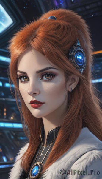 1girl,solo,long hair,looking at viewer,brown hair,hair ornament,brown eyes,jewelry,earrings,orange hair,blurry,lips,coat,fur trim,makeup,blurry background,lipstick,brooch,gem,portrait,freckles,realistic,red lips,ponytail,parted lips,artist name,eyelashes,nose