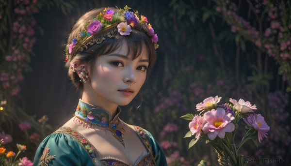 1girl,solo,looking at viewer,short hair,bangs,brown hair,hair ornament,dress,holding,brown eyes,jewelry,upper body,flower,earrings,outdoors,hair flower,necklace,hair bun,blurry,black eyes,lips,depth of field,blurry background,gem,portrait,nature,pink flower,bouquet,realistic,nose,purple flower,holding flower,head wreath,breasts,black hair,cleavage,collarbone,parted lips,choker,pointy ears,piercing,ear piercing