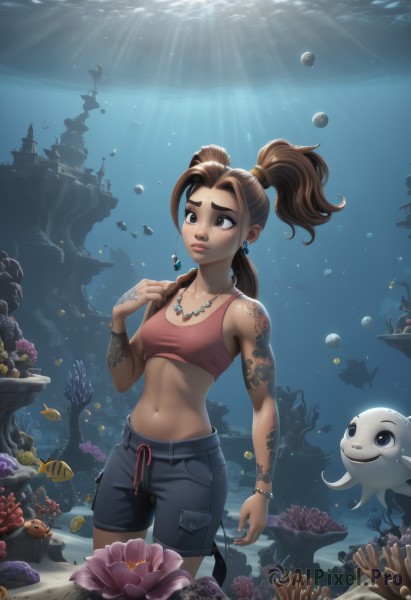 1girl,solo,long hair,breasts,brown hair,navel,bare shoulders,twintails,brown eyes,jewelry,flower,earrings,small breasts,shorts,midriff,dark skin,water,necklace,bracelet,dark-skinned female,lips,crop top,tattoo,makeup,ocean,watermark,sunlight,thick eyebrows,tank top,freckles,fish,bubble,beads,light rays,underwater,nose,air bubble,arm tattoo,watercraft,sunbeam,jellyfish,turtle,coral,blush,underwear,standing,ponytail,cowboy shot,parted lips,artist name,stomach,bra,short twintails,web address,pocket,sports bra,rock,wristwatch,shell,ship,octopus,seashell,dolphin,aquarium