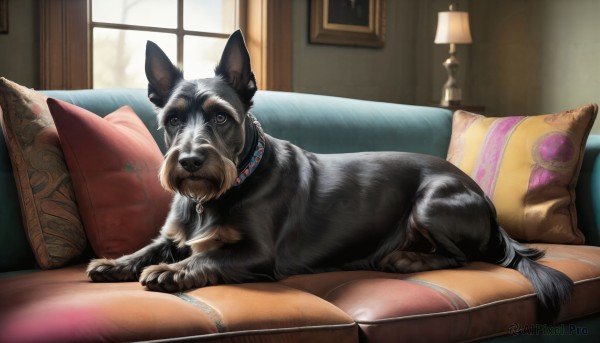 HQ,solo,looking at viewer,closed mouth,lying,day,indoors,blurry,collar,pillow,no humans,window,animal,couch,dog,realistic,lamp,on couch,animal focus,cushion,picture frame,painting (object),brown eyes,closed eyes,sleeping,animal collar