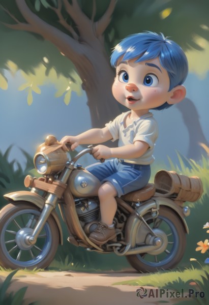 solo,smile,short hair,open mouth,blue eyes,shirt,1boy,sitting,blue hair,full body,white shirt,flower,short sleeves,male focus,outdoors,shoes,shorts,day,artist name,tree,brown footwear,grass,ground vehicle,child,motor vehicle,blue shorts,riding,male child,motorcycle,blush,denim,t-shirt,sneakers,freckles,bicycle