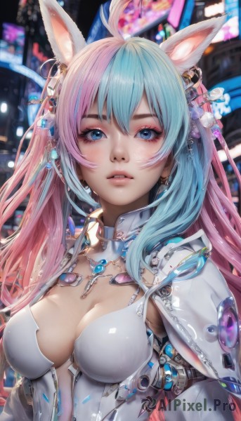 1girl,solo,long hair,breasts,looking at viewer,bangs,blue eyes,hair ornament,animal ears,cleavage,twintails,jewelry,medium breasts,blue hair,upper body,pink hair,ahoge,multicolored hair,earrings,parted lips,necklace,rabbit ears,blurry,two-tone hair,leotard,lips,eyelashes,bell,aqua hair,bodysuit,gradient hair,makeup,blurry background,eyeshadow,nose,mascara,large breasts,hair between eyes,artist name,armor,fox ears,gem,science fiction,realistic,android,cyborg,cyberpunk