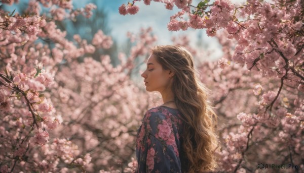 1girl, solo, long hair, blonde hair, brown hair, jewelry, closed eyes, upper body, flower, earrings, outdoors, japanese clothes, sky, day, blurry, from side, tree, lips, profile, depth of field, blurry background, wavy hair, floral print, cherry blossoms, pink flower, realistic