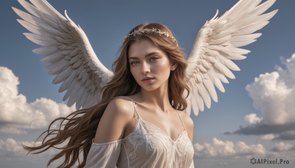 1girl,solo,long hair,breasts,looking at viewer,brown hair,hair ornament,dress,cleavage,bare shoulders,brown eyes,collarbone,upper body,small breasts,outdoors,wings,sky,day,cloud,white dress,blurry,blue sky,lips,wavy hair,feathered wings,angel wings,realistic,nose,white wings,angel,head wreath,depth of field,tiara