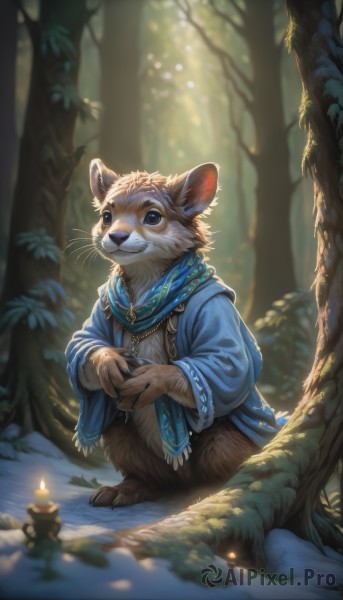 solo,looking at viewer,smile,blue eyes,1boy,jewelry,standing,outdoors,necklace,scarf,blurry,tree,no humans,depth of field,blurry background,animal,nature,furry,snow,forest,candle,animal focus,blue scarf,mouse,clothed animal,animal ears,sitting,male focus,teeth,leaf,own hands together