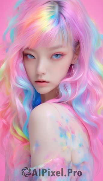 1girl,solo,long hair,looking at viewer,bangs,blue eyes,simple background,bare shoulders,jewelry,closed mouth,blue hair,upper body,pink hair,multicolored hair,earrings,parted lips,lips,eyelashes,gradient hair,makeup,wavy hair,pink background,eyeshadow,eyeliner,colorful,mascara,rainbow hair,from side,expressionless,pink lips,realistic,nose