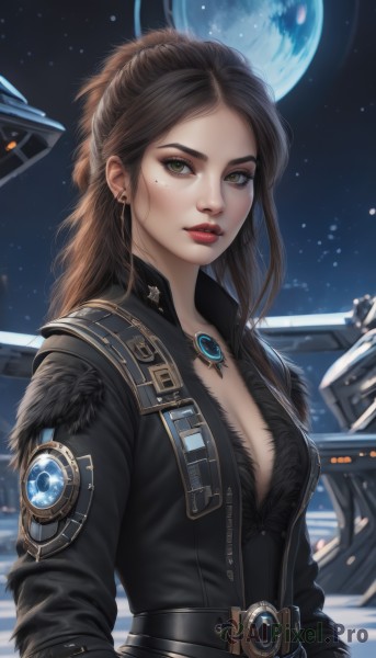 1girl,solo,long hair,breasts,looking at viewer,brown hair,long sleeves,cleavage,brown eyes,jewelry,medium breasts,jacket,upper body,earrings,parted lips,open clothes,sky,belt,necklace,mole,lips,fur trim,mole under eye,makeup,night,moon,lipstick,gem,star (sky),buckle,full moon,pendant,starry sky,freckles,science fiction,realistic,nose,red lips,space,planet,mascara,artist name,black jacket,forehead,eyeshadow