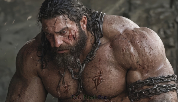 solo,long hair,looking at viewer,short hair,black hair,1boy,closed mouth,nipples,upper body,male focus,nude,blurry,wet,blood,muscular,blurry background,facial hair,chain,scar,abs,thick eyebrows,pectorals,muscular male,bara,beard,scar on face,large pectorals,topless male,injury,blood on face,mature male,realistic,mustache,scar across eye,manly,dirty,chest hair,cuts,dark skin,dark-skinned male,veins,wet hair,chained,arm hair