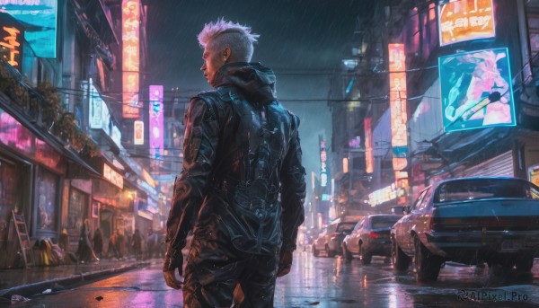 looking at viewer, short hair, 1boy, jacket, male focus, outdoors, solo focus, looking back, pants, black jacket, night, ground vehicle, building, motor vehicle, science fiction, rain, city, realistic, car, road, leather, street, leather jacket, mohawk, cyberpunk, neon lights