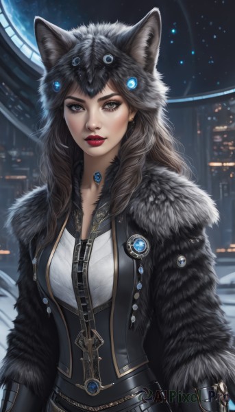 1girl,solo,long hair,breasts,looking at viewer,brown hair,black hair,animal ears,brown eyes,jewelry,medium breasts,upper body,earrings,parted lips,belt,artist name,mole,lips,coat,grey eyes,fur trim,makeup,night,lipstick,brooch,gem,corset,pendant,eyeshadow,animal hood,nose,red lips,hat,signature,zipper,realistic,fur,pelt