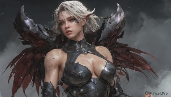 1girl,solo,breasts,short hair,large breasts,cleavage,bare shoulders,brown eyes,medium breasts,upper body,white hair,grey hair,parted lips,wings,sky,artist name,cloud,armor,lips,looking to the side,grey eyes,clothing cutout,blood,facial mark,looking away,cleavage cutout,cloudy sky,feathers,shoulder armor,freckles,blood on face,realistic,nose,looking at viewer,pointy ears,elbow gloves,elf,dark background,mechanical wings