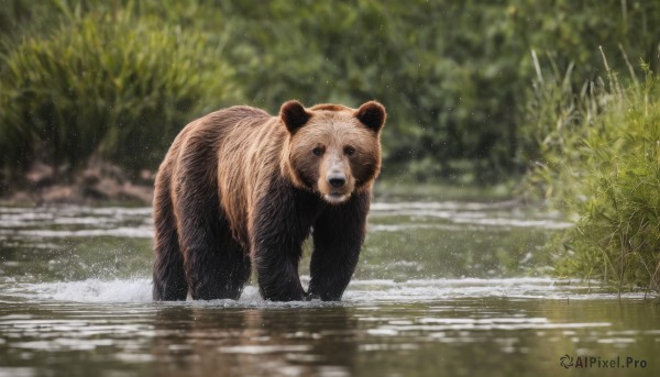 solo,outdoors,day,signature,water,blurry,black eyes,no humans,depth of field,blurry background,animal,grass,plant,nature,scenery,reflection,realistic,animal focus,river,looking at viewer,tree,forest,tanuki