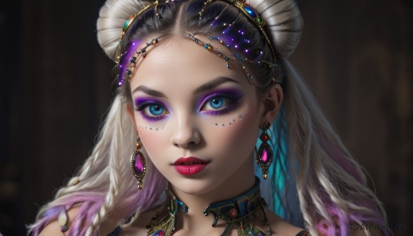 1girl,solo,long hair,looking at viewer,blue eyes,blonde hair,black hair,hair ornament,jewelry,closed mouth,pink hair,purple hair,braid,multicolored hair,earrings,parted lips,choker,necklace,hair bun,blurry,two-tone hair,lips,eyelashes,double bun,gradient hair,makeup,blurry background,facial mark,piercing,lipstick,gem,portrait,forehead,eyeshadow,freckles,red lips,eyeliner,mascara,blue eyeshadow,k/da (league of legends),multiple braids,blue hair,white hair,artist name,depth of field,feathers,black background,realistic,nose