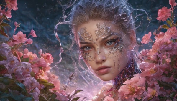 1girl, solo, looking at viewer, blue eyes, closed mouth, flower, grey hair, hair bun, lips, grey eyes, portrait, pink flower, science fiction, realistic, nose, electricity