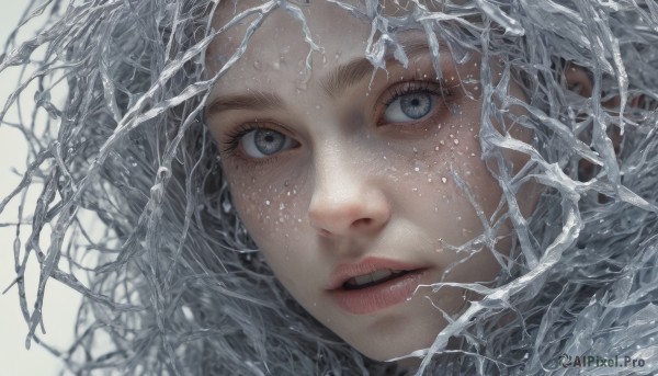 1girl,solo,long hair,looking at viewer,open mouth,blue eyes,simple background,grey hair,parted lips,teeth,mole,lips,grey eyes,eyelashes,mole under eye,portrait,snow,close-up,freckles,realistic,short hair,water,tree,nose,branch,bare tree