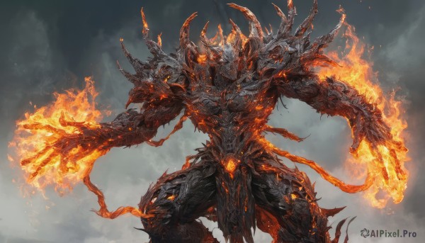 solo,1boy,standing,male focus,horns,armor,orange eyes,no humans,glowing,outstretched arms,fire,shoulder armor,glowing eyes,spikes,monster,extra arms,extra eyes,full armor,demon,burning,facing viewer