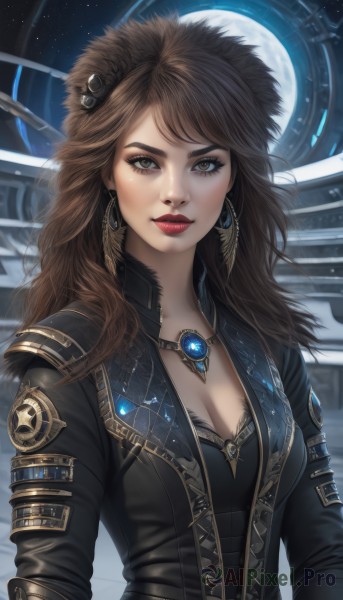 1girl,solo,long hair,breasts,looking at viewer,bangs,brown hair,long sleeves,hat,cleavage,brown eyes,jewelry,medium breasts,closed mouth,jacket,upper body,earrings,open clothes,sky,artist name,signature,necklace,lips,black jacket,eyelashes,makeup,night,moon,feathers,lipstick,gem,star (sky),night sky,full moon,pendant,eyeshadow,starry sky,realistic,nose,red lips,eyeliner,space,leather,planet,fur hat,mascara,science fiction,leather jacket