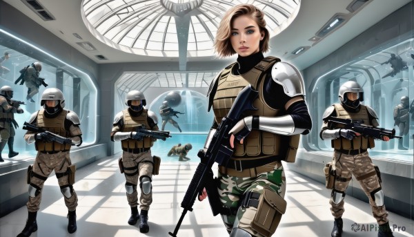 1girl,looking at viewer,short hair,blue eyes,multiple girls,blonde hair,brown hair,gloves,holding,standing,weapon,boots,multiple boys,indoors,fingerless gloves,holding weapon,armor,uniform,vest,lips,gun,military,military uniform,mask,helmet,holding gun,rifle,handgun,science fiction,6+boys,pouch,realistic,aircraft,assault rifle,holster,knee pads,trigger discipline,shoulder pads,camouflage,submachine gun,thigh holster,elbow pads,hallway,soldier,bullpup,helicopter,bulletproof vest,body armor,army,solo focus,pants,shadow,scope,cyberpunk,battle rifle