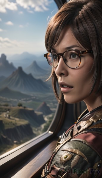 1girl,solo,long hair,looking at viewer,short hair,bangs,brown hair,brown eyes,upper body,weapon,outdoors,parted lips,sky,glasses,teeth,day,sword,cloud,armor,blurry,blue sky,lips,depth of field,blurry background,freckles,black-framed eyewear,mountain,realistic,nose,fantasy,brown-framed eyewear,chainmail