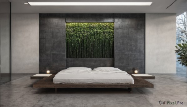 indoors,tree,pillow,no humans,window,bed,table,plant,nature,scenery,forest,lamp,bedroom,sky,night,rain,wooden floor,door,tiles,wall,tile floor,ceiling light