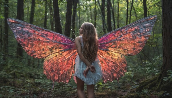 1girl, solo, long hair, brown hair, dress, outdoors, wings, from behind, tree, arms behind back, nature, forest, realistic, fairy wings, fairy, butterfly wings