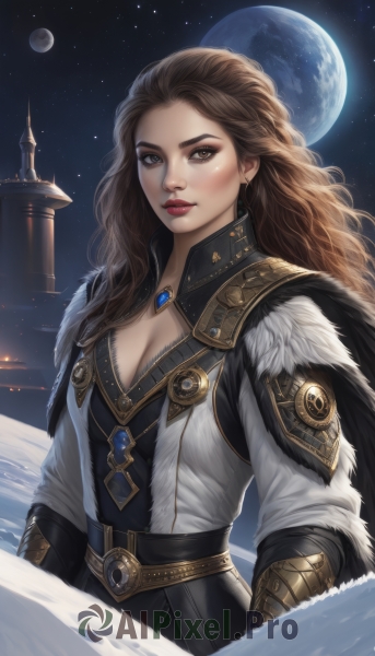 1girl,solo,long hair,breasts,looking at viewer,brown hair,cleavage,brown eyes,jewelry,medium breasts,closed mouth,upper body,outdoors,sky,belt,armor,mole,lips,fur trim,makeup,night,wavy hair,moon,lipstick,brooch,gem,star (sky),night sky,snow,full moon,starry sky,nose,red lips,planet,earrings,necklace,cape,eyeshadow,realistic