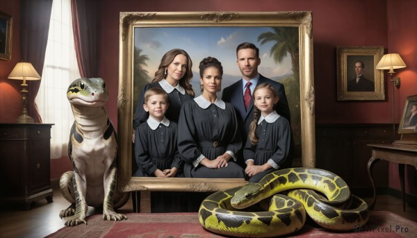 HQ,long hair,looking at viewer,smile,short hair,multiple girls,brown hair,shirt,black hair,long sleeves,dress,2girls,brown eyes,sitting,multiple boys,necktie,indoors,3girls,black dress,tree,window,facial hair,animal,chair,formal,table,3boys,suit,curtains,red necktie,child,snake,realistic,lamp,photo (object),family,picture frame,statue,painting (object),carpet,picture (object),portrait (object),1boy,tail,black eyes,fine art parody,dinosaur